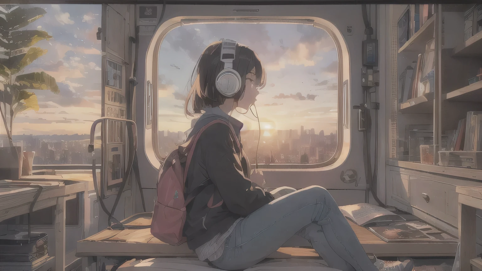 In a chilled out atmosphere、Draw a girl with headphones enjoying a city sunset.。