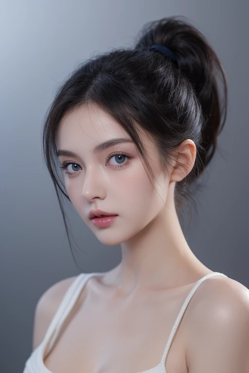very high resolution, masterpiece, best quality, perfect shiny skin, very thin white sweater, looking at the viewer, bare shoulders, no bra ((big breasts; 1.5)), exposed cleavage, blue eyes, sharp face, sharp eyes, ((Dark background)), open the mouse, ponytail,