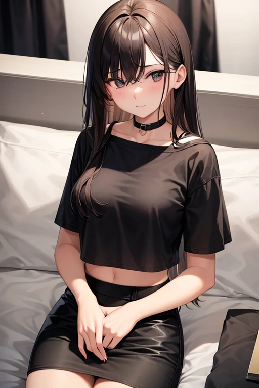 a hot 19 year old girl wearing a black crop and black short mini skirt he has long brown hair she inside sitting on a bed and she feels sexy