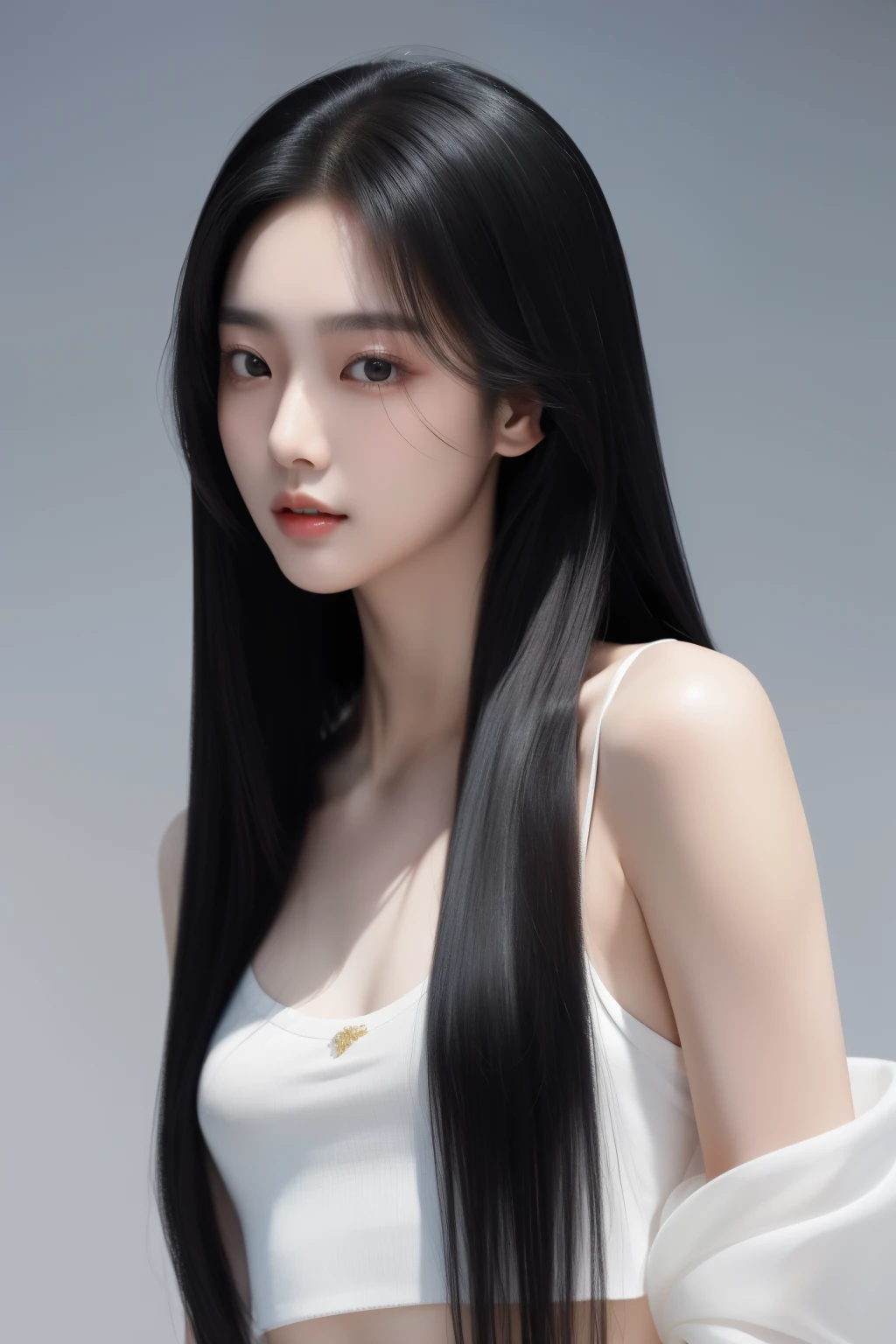 Meng Bo, a captivating 1 girl with flowing black hair, is portrayed alone in a mesmerizing portrait shoot. The image, shot in ultra high definition with the utmost attention to detail, captures every intricate strand of her lustrous long hair. Her upper body is adorned in a tantalizing white shirt that elegantly exposes her navel, adding a touch of sensuality. The composition is a true masterpiece, showcasing the lifelike quality and authenticity of the photograph. With the best quality and originality in mind, this 8k image offers a raw and unfiltered glimpse into Meng Bo's beauty, making it a true gem for collectors. Please note that the content of this image is NSFW.