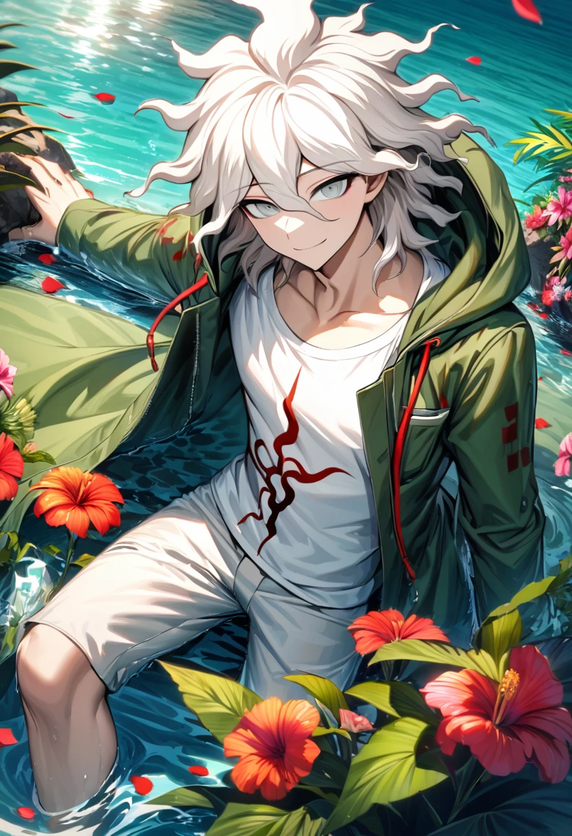 Ultra detailed, Highres, absurdres, HDR, Komaeda Nagito, white hair, silver eyes, green long coat, white tight t-shirt, Danganronpa 2, 1 man only, water, petals, flowers, summer, handsome, smirking