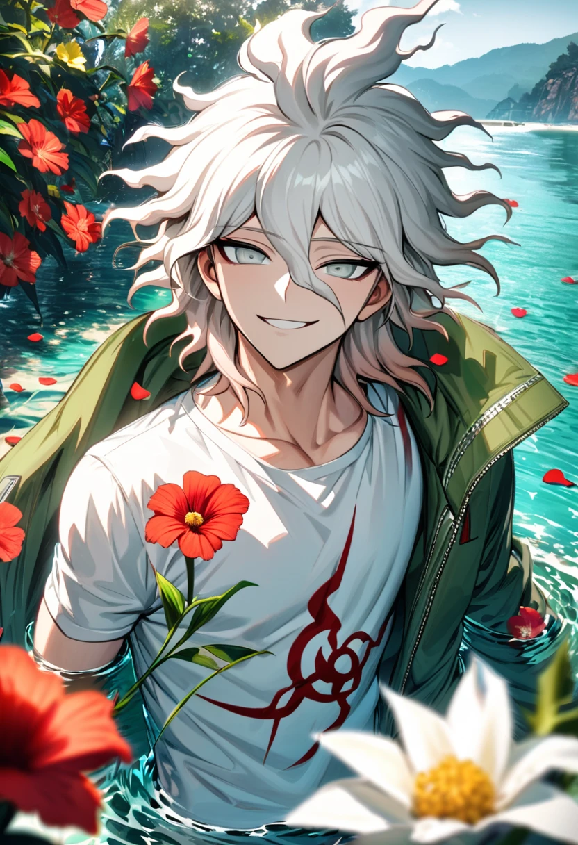 Ultra detailed, Highres, absurdres, HDR, Komaeda Nagito, white hair, silver eyes, green long coat, white tight t-shirt, Danganronpa 2, 1 man only, water, petals, flowers, summer, handsome, smirking