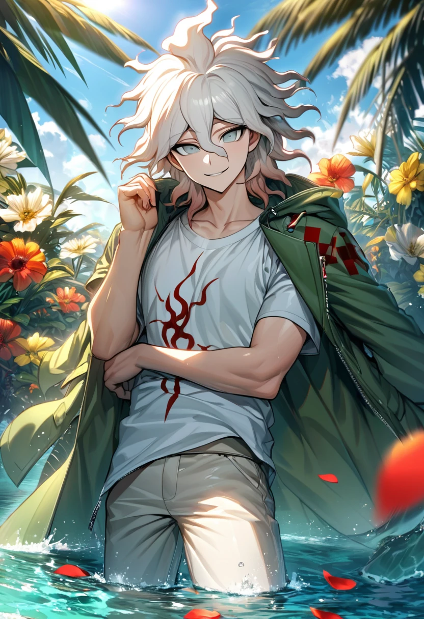 Ultra detailed, Highres, absurdres, HDR, Komaeda Nagito, white hair, silver eyes, green long coat, white tight t-shirt, Danganronpa 2, 1 man only, water, petals, flowers, summer, handsome, smirking