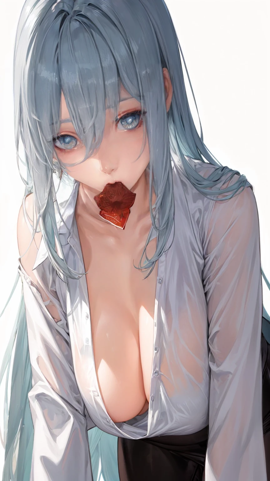 8K, Ultra High Definition, Super detailed, Shiny detailed hair, detailed face, fantasy landscape, solo, looking at viewer, {{best quality}}, {{masterpiece}}, {{ultra-detailed}}, {detailed light}, ultra high quality eyes, detailed eyes, perfect eyes, large eyes, detailed white eyes, beautiful lips, white hair, long hair, White shirt, cleavage, with a condom in his mouth, beautiful, skinny body, white skin, slutty, erotic, suggestive, ((nsfw))
