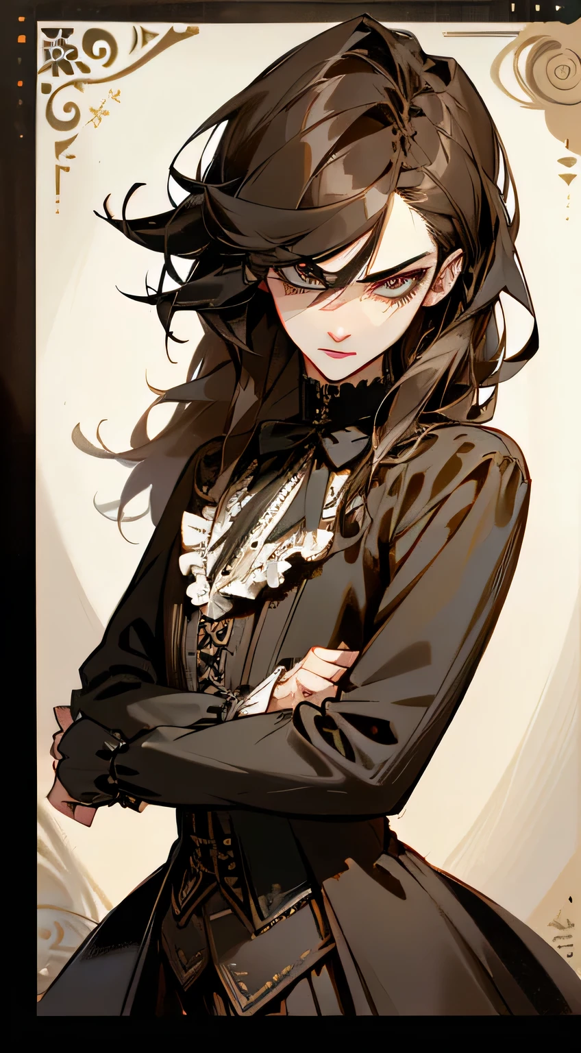8k, masterpiece, highest quality, best quality, official art, beautiful and aesthetic, extremely detailed, (fractal art: 1.3), colorful, highest detailed, perfect face, upper body, HDR, sexy, wide hips, thicc figure, Detailed face, Detailed eyes, silver eyes, perfect face, perfect eyes, ( 1man, 1 vampire, slim waist, pretty face, handsome face, long brown hair, sharp jawline, he is sexy, he is beautiful, he has black eyeshadow, he has an androgynous, he is tanned, he is athletic, he is wearing victorian clothes, he has a black corset, slim torso, pretty, sharp jawline, victorian gothic clothes, Goth, goth vampire, goth clothes, victorian era setting