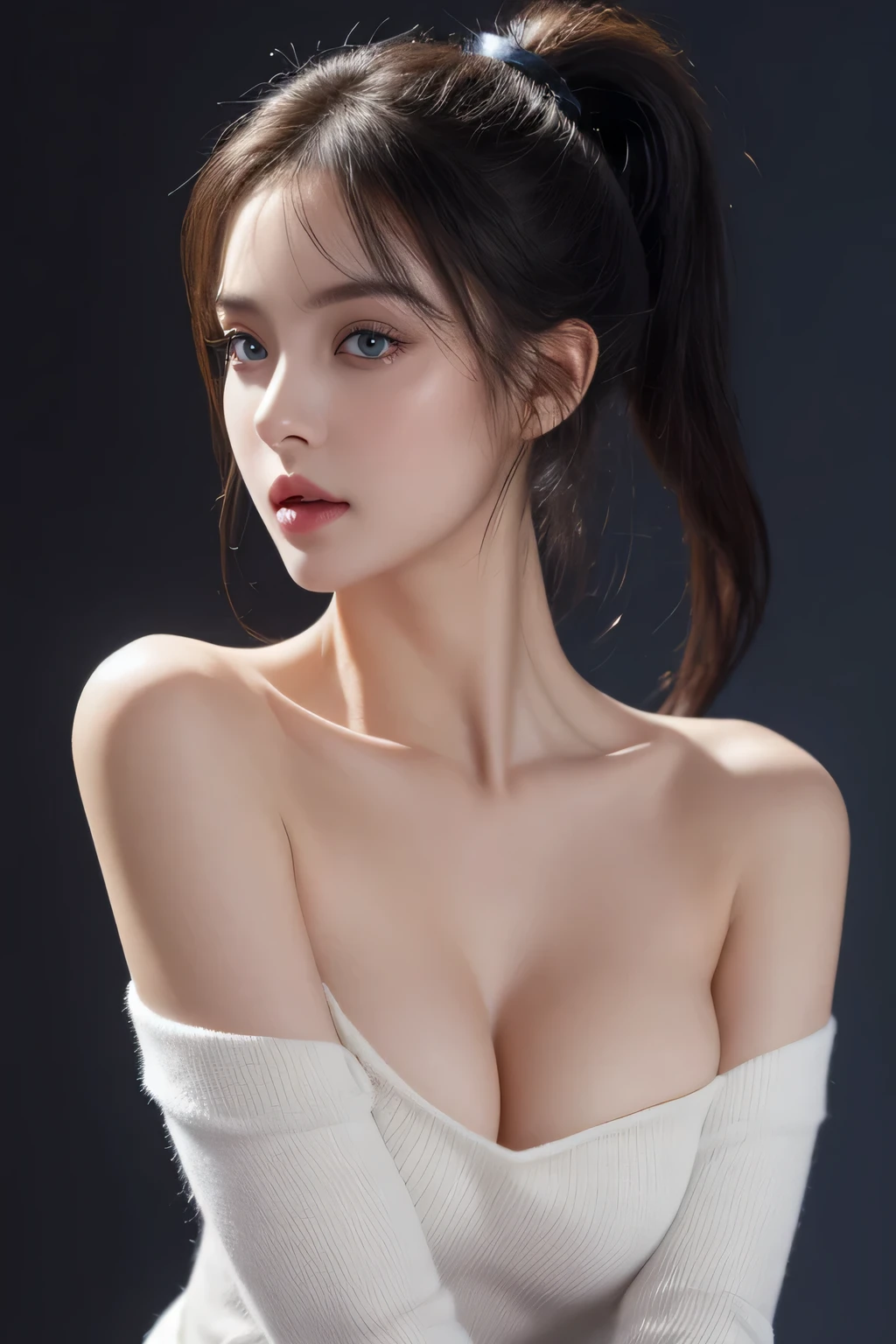 very high resolution, masterpiece, best quality, perfect shiny skin, very thin white sweater, looking at the viewer, bare shoulders, no bra ((big breasts; 1.5)), exposed cleavage, blue eyes, sharp face, sharp eyes, ((Dark background)), open the mouse, ponytail,