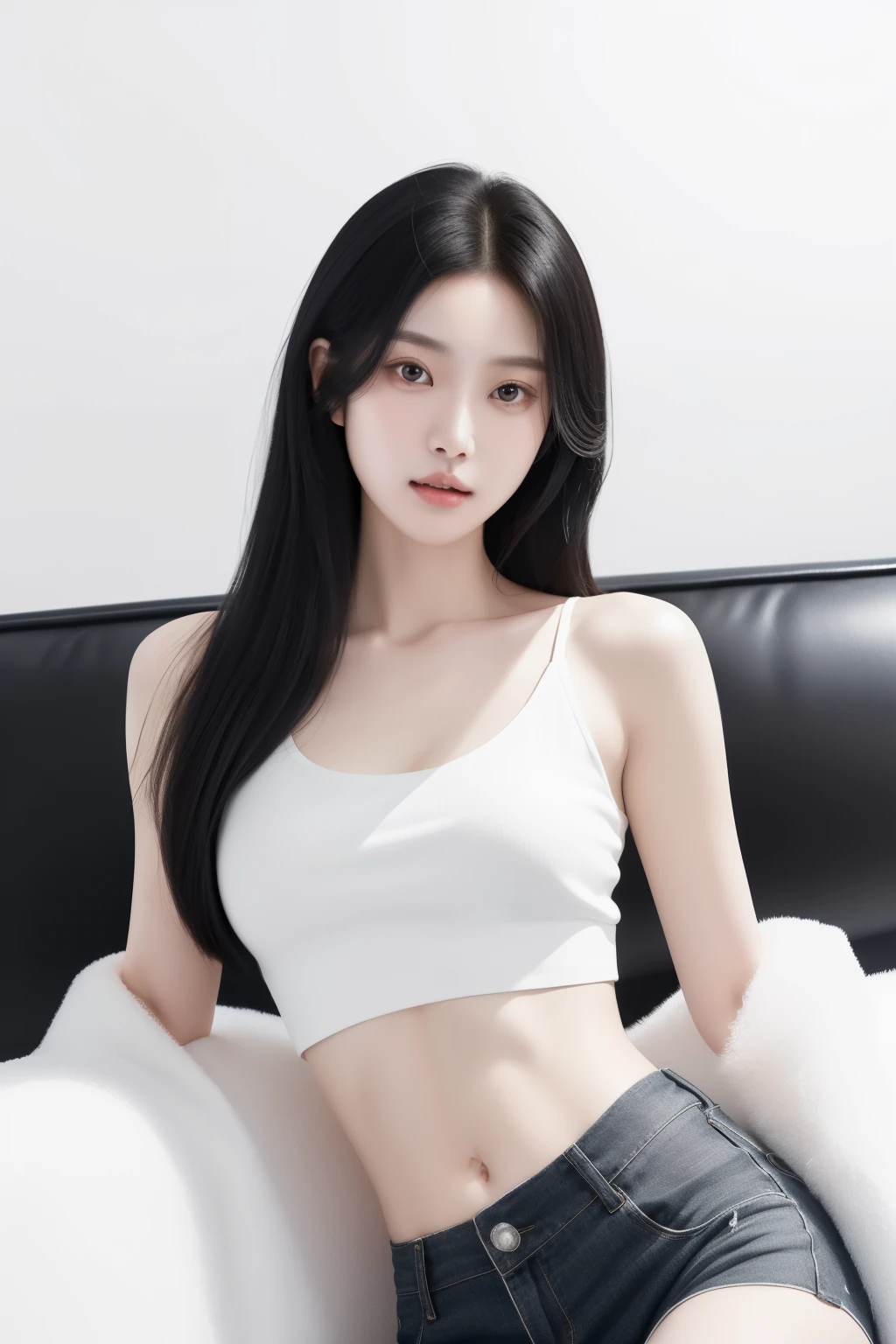Meng Bo, a captivating young woman with long, black hair, sits alone on a plush sofa, bathed in soft light. Her upper body is revealed, clad in a white crop top that exposes her defined abs and the enticing curve of her navel. The lifelike, ultra high definition 8k original photo captures every detail of her portrait shoot, from the delicate strands of her hair to the intricate weave of her shirt fabric. (Portrait shoot: 1.3), Meng Bo, 1 girl, alone, long black hair, Upper body, White shirt, crop top, navel, Detailed facial features, Realistic skin texture, Soft lighting.