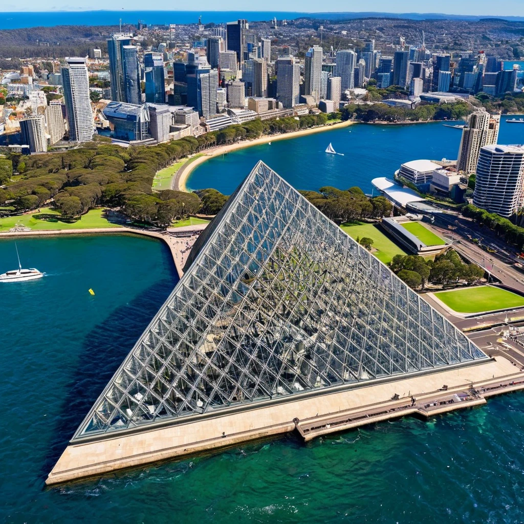 A giant triangle like saint louvre on the center of sydney harbour..