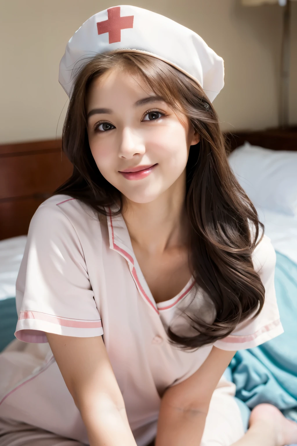 (masterpiece, highest resolution: 1.2), (brown eyes), lure, smile, long brown hair, small breasts, High resolution facial features, 8K, double eyelid, delicate features, ((Bedroom)), (((nurse uniform ))), ((Kneeling on the bed)), ((whole body 1.5)), ((Wearing a nurse cap))