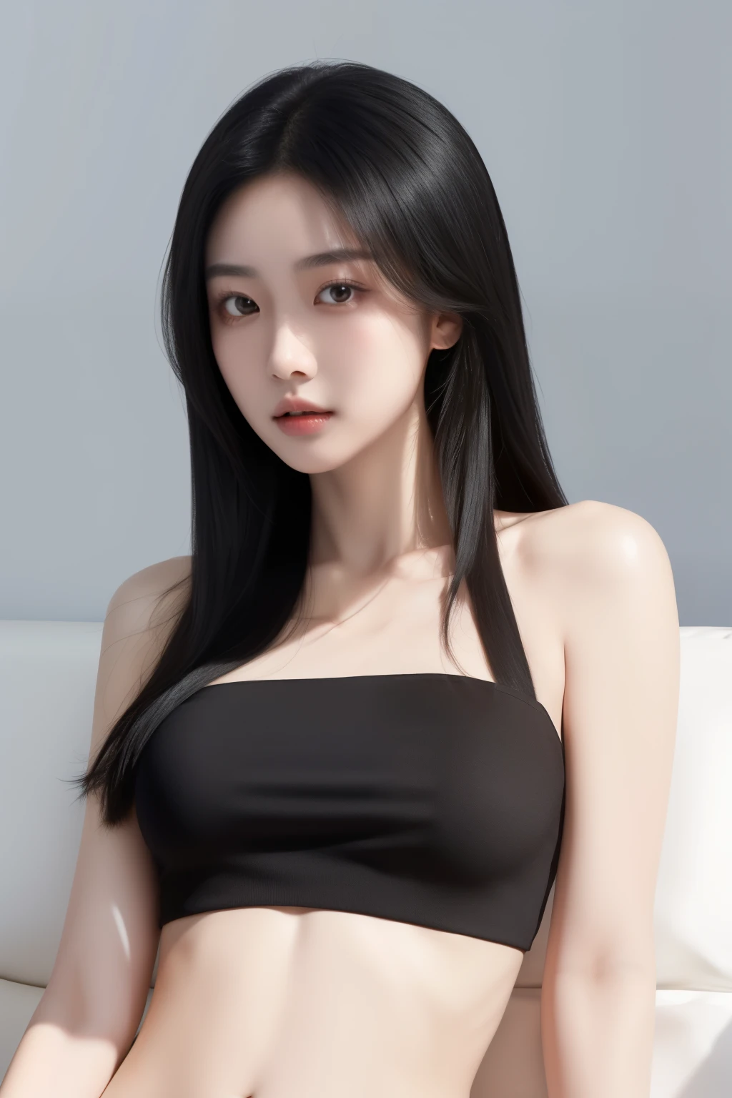 Meng Bo, a captivating young woman with long, black hair, sits alone on a plush sofa, bathed in soft light. Her upper body is revealed, clad in a white crop top that exposes her defined abs and the enticing curve of her navel. The lifelike, ultra high definition 8k original photo captures every detail of her portrait shoot, from the delicate strands of her hair to the intricate weave of her shirt fabric. (Portrait shoot: 1.3), Meng Bo, 1 girl, alone, long black hair, Upper body, White shirt, crop top, navel, Detailed facial features, Realistic skin texture, Soft lighting.