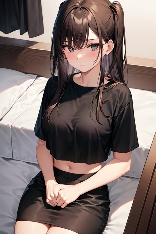 a hot 19 year old girl wearing a black bra and black underwear he has long brown hair she inside sitting on a bed and she feels sexy