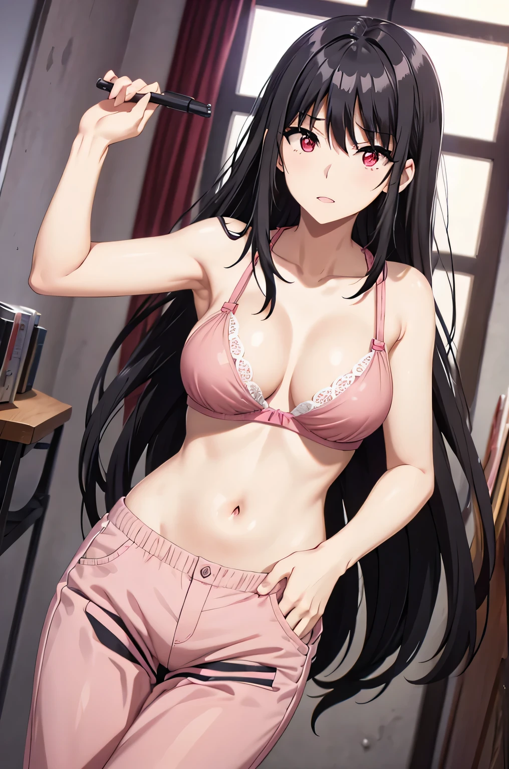 black hair,red eyes,medium breast,narrow waist,pink bra,pink pants,standing straight,in the room
