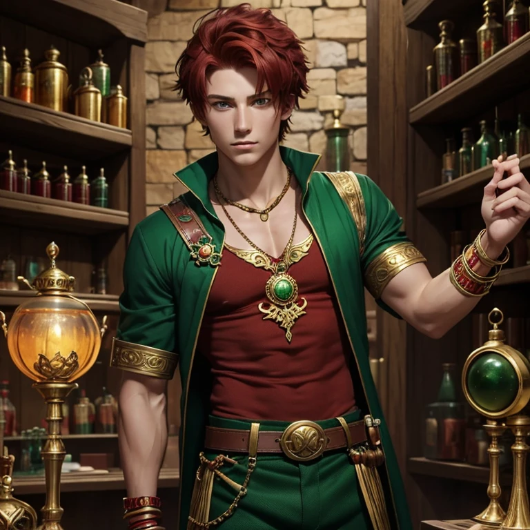 20 year old druid boy with short red hair green eyes green shirt brown pants red belt gold leaf collar gold bracelet looking straight at the viewer in a potion shop background slim muscular build