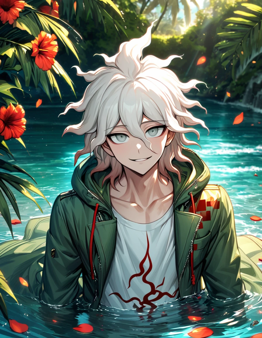 Ultra detailed, Highres, absurdres, HDR, Komaeda Nagito, white hair, silver eyes, green long coat, white tight t-shirt, Danganronpa 2, 1 man only, water, petals, flowers, summer, handsome, smirking