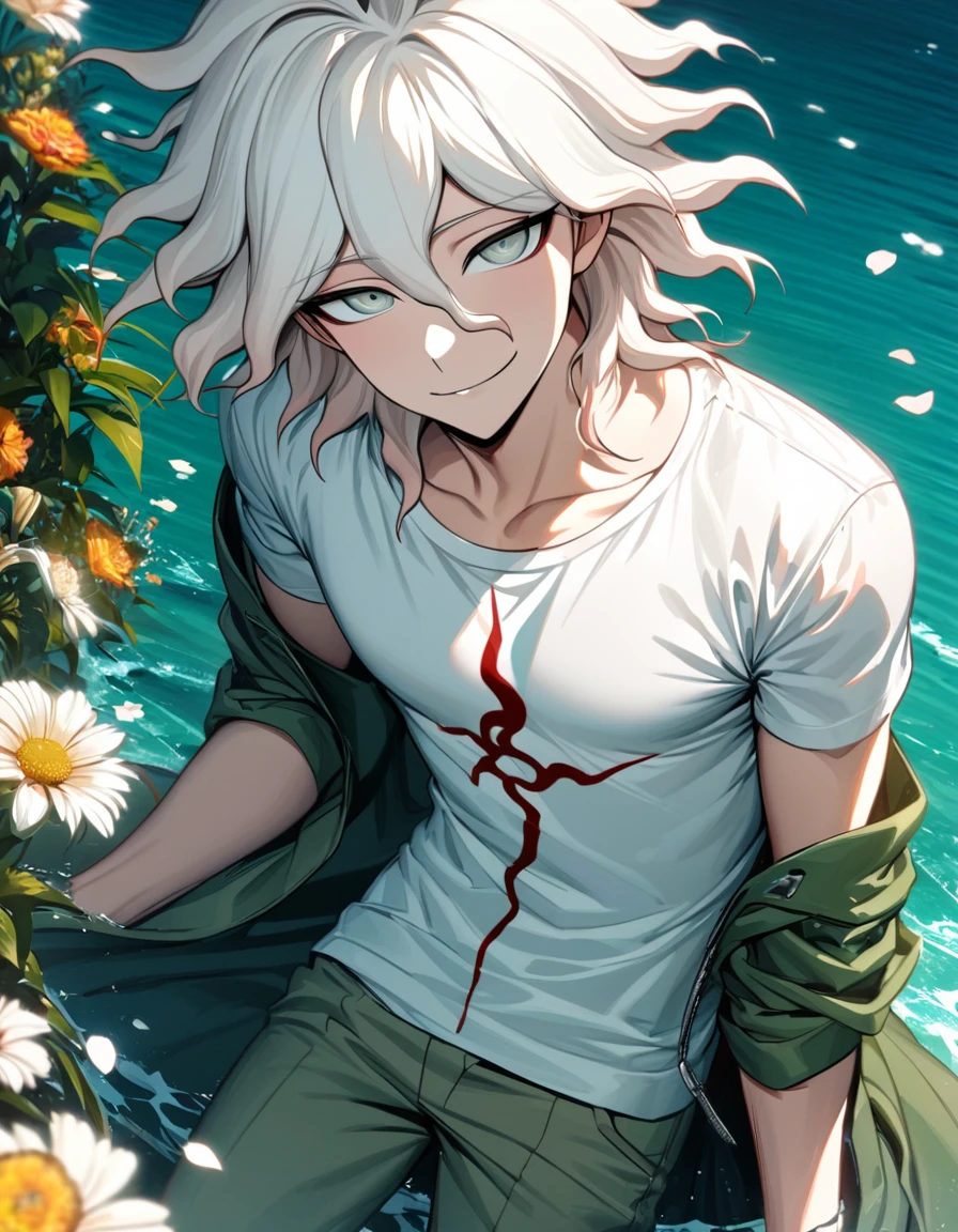 Ultra detailed, Highres, absurdres, HDR, Komaeda Nagito, white hair, silver eyes, green long coat, white tight t-shirt, Danganronpa 2, 1 man only, water, petals, flowers, summer, handsome, smirking