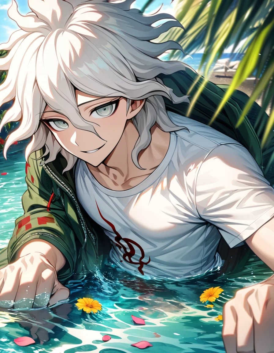 Ultra detailed, Highres, absurdres, HDR, Komaeda Nagito, white hair, silver eyes, green long coat, white tight t-shirt, Danganronpa 2, 1 man only, water, petals, flowers, summer, handsome, smirking