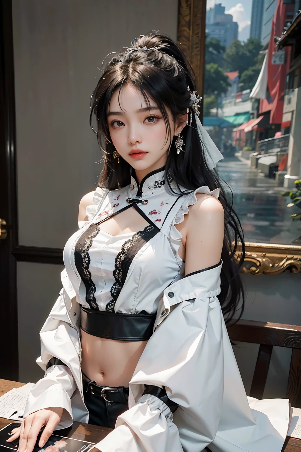 Meng Bo, an alluring 1 girl with cascading black tresses, is depicted solo in an entrancing portrait session. The photograph, captured in ultra-high definition with meticulous precision, highlights every minute strand of her luscious, long hair. The upper part of her body is adorned with a tantalizing white blouse that seductively reveals her navel, infusing an air of sensuality. The overall composition is a masterpiece, reflecting the lifelike nature and authenticity of the image. With the finest quality and originality in mind, this 8k image offers an unfiltered, raw glimpse into Meng Bo's breathtaking beauty,