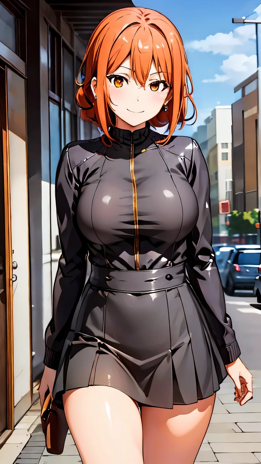 masterpiece,highest quality,Super detailed,best shadow,yuigahama, 髪 between eyes, orange hair, orange eyes, long 髪, girl１name,髪 between eyes,big breasts,１with people,
soft expression, gentle expression,smile,straight hair,Please let your hair down,leather jacket,camisole,mini skirt,boots,earrings,natural lip,stylish pose, stylish angle,looking at the viewer, in the center of the image,cowboy shot,