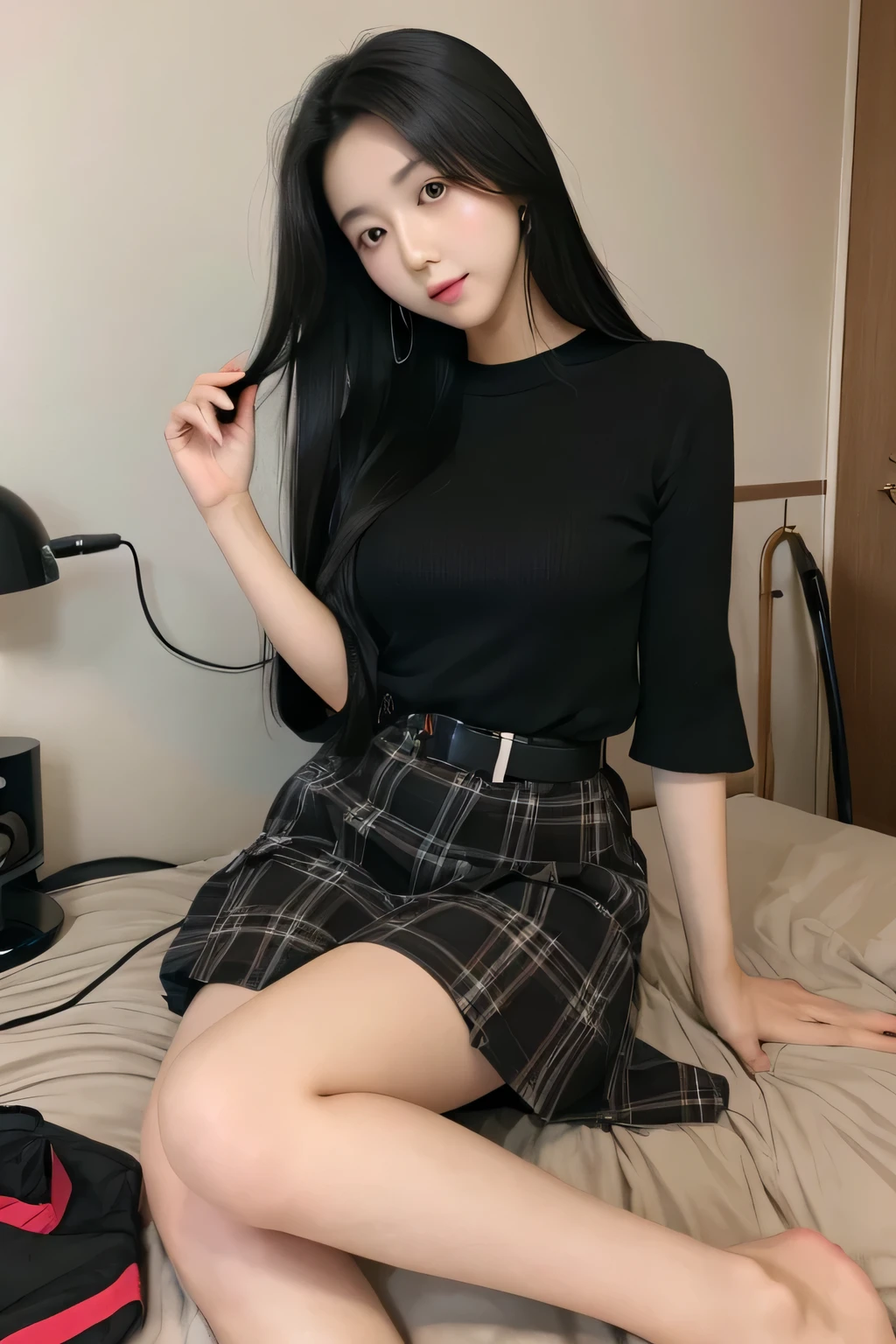 beautiful korean girl, long black hair, in her bedroom