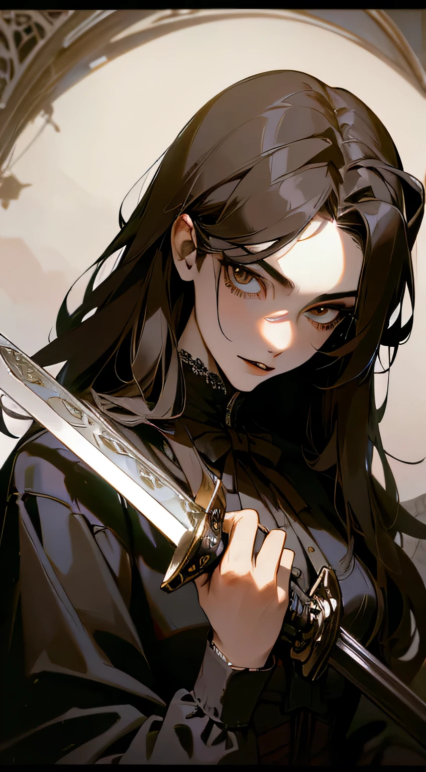 8k, masterpiece, highest quality, best quality, official art, beautiful and aesthetic, extremely detailed, (fractal art: 1.3), colorful, highest detailed, perfect face, upper body, HDR, sexy, wide hips, thicc figure, Detailed face, Detailed eyes, silver eyes, perfect face, perfect eyes, ( 1man, 1 vampire, slim waist, pretty face, handsome face, long brown hair, sharp jawline, he is sexy, he is beautiful, he has black eyeshadow, he has an androgynous, he is tanned, he is athletic, he is wearing victorian clothes, he has a black corset, slim torso, pretty, sharp jawline, victorian gothic clothes, Goth, goth vampire, goth clothes, victorian era setting, holding sword, sword in hand, medieval sword