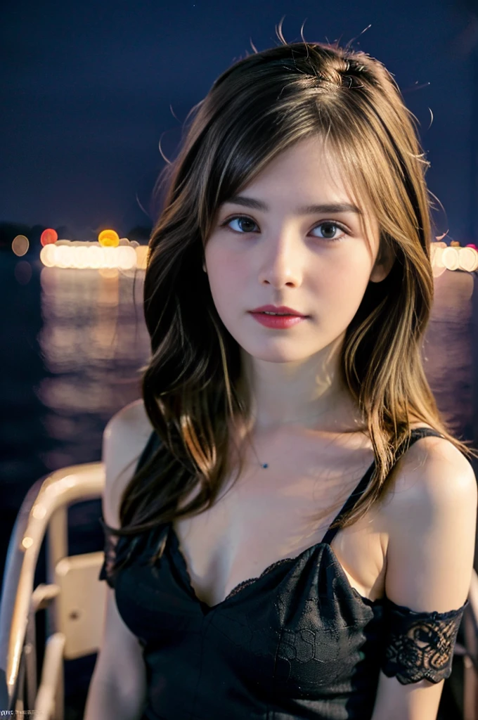A 17-year-old woman wearing a black lace dress stands on a boat and looks out at the water, beautiful girl、medium long hair、With bangs、very slim、baby face、full moon、Bathed in moonlight, vivid sky, 暗いSea of night, Late sunset, Photographed with canon eos 5 d mark iv, Sea of night, Moonlight, Photographed with Sony α9