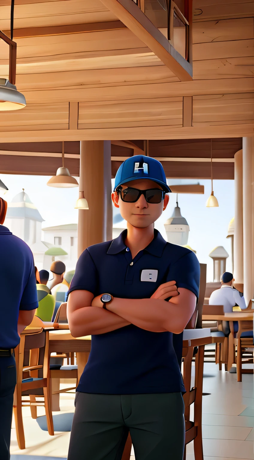 man in a polo shirt and cap with his arms crossed in a restaurant wearing sunglasses