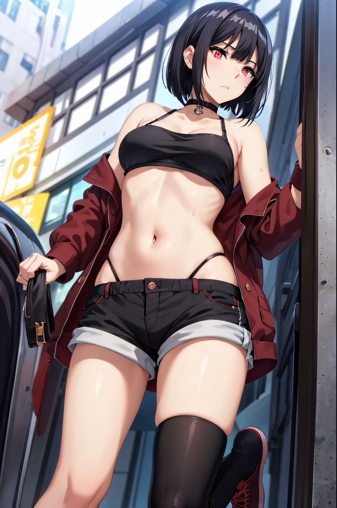 black hair,RED eyes,1girl, medium breasts, makeup, sweat, bob cut, oversized clothes, shorts, choker, looking at viewer, pussy peek, from below, blush, street, navel, shoe soles, boots, leg up, thighhighs,
