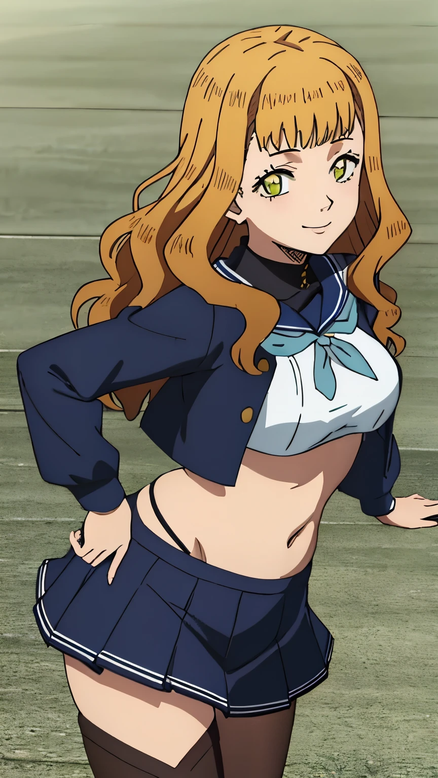 highest quality,very detailed,masterpiece,detailed face,highly detailed face, Detailed CG,fine eyes, deep eyes,soft expression,smile,girl１name,  Mimosa, green eyes, orange hair, long hair,wavy hair, Only bangs, sailor suit,black mini skirt,black tights,belly button,School, alone,stylish pose, stylish angle,looking at the viewer, in the center of the image,cowboy shot,