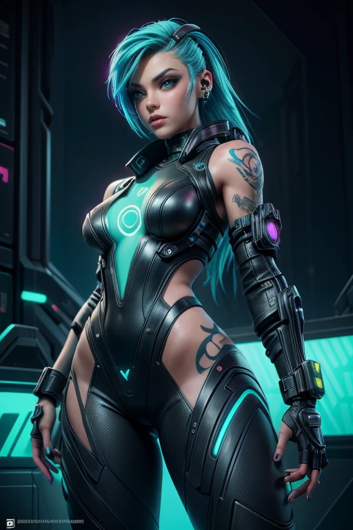 Image designer "ciberpunk & realista". Futuristic representation of a perfectly tattooed woman with high-tech mechanical prosthetics.. Embrace the cyberpunk aesthetic with neon lights and glowing tattoos, maintaining the realistic representation of its characteristics. "la iluminacion" Dynamic neon lighting with natural light sources to highlight tattoos and cyberpunk prosthetics., manteniendo sombras y luces realistas. "Camera positioning" Off-center and close-up camera positioning, Capturing dynamic poses to showcase cyberpunk tattoos and high-tech prosthetics in detail.. "paleta de colores" ciberpunk-inspired color palette with neon tones like electric blue, rosa fluorescente, y verde brillante, complemented by realistic skin tones and metallic details to represent advanced technology.