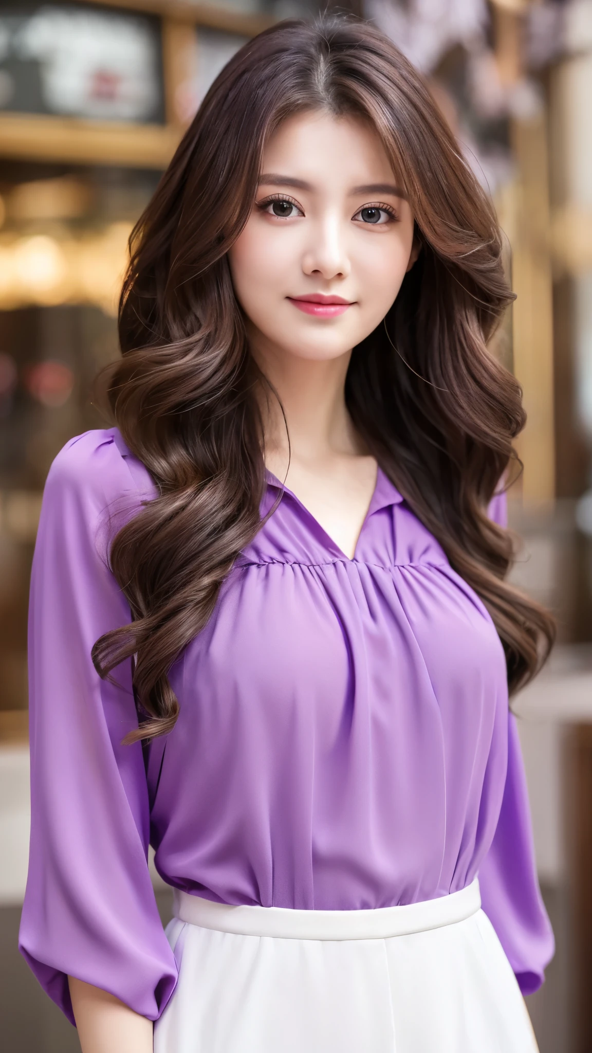 detailed background, masterpiece, highest quality, 1 person , curly hair, long hair, purple eyes, stars in the eyes , strapless blouse, long skirt