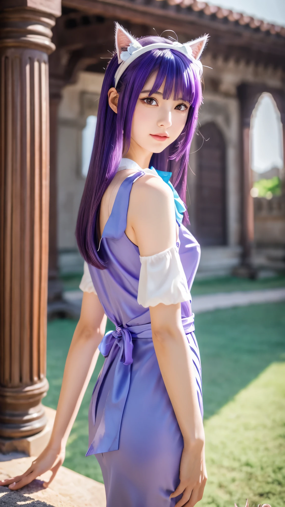 (masterpiece), best quality, intricate details, ultra details, ultra quality, rule of third, (looking at viewer), detailed face, detailed iris, glossy lips, 1girl, solo, long hair, purple eyes, hair between eyes, purple hair, hair intakes, bangs, :D, (full body shot), pink dress, inside, royal banquet, curtsey