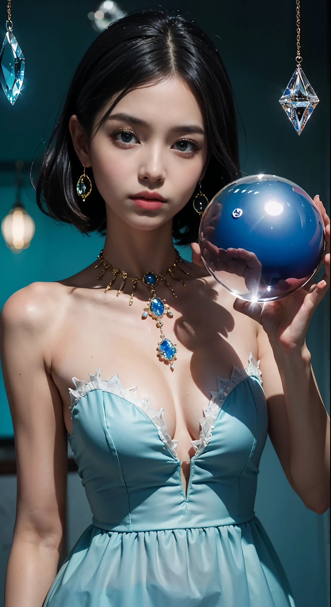 (and soul)(secondary elements)1 girl、blue hair、hair length、blue eyes、gradient eyes、sparkling eyes、bright pupils、finely tuned、expressive eyes、blue clothes、gem、blue lighting、blue theme、(form:1.5)、abstract、highest quality、Super detailed、(((Holding a crystal ball)))、