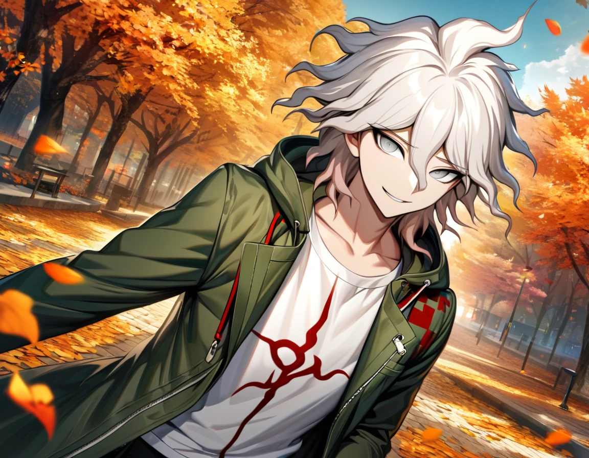 Ultra detailed, Highres, absurdres, HDR, Komaeda Nagito, white hair, silver eyes, green long coat, white tight t-shirt, Danganronpa 2, 1 man only, smirking, petals, flowers, autumn, handsome, orange leaves,