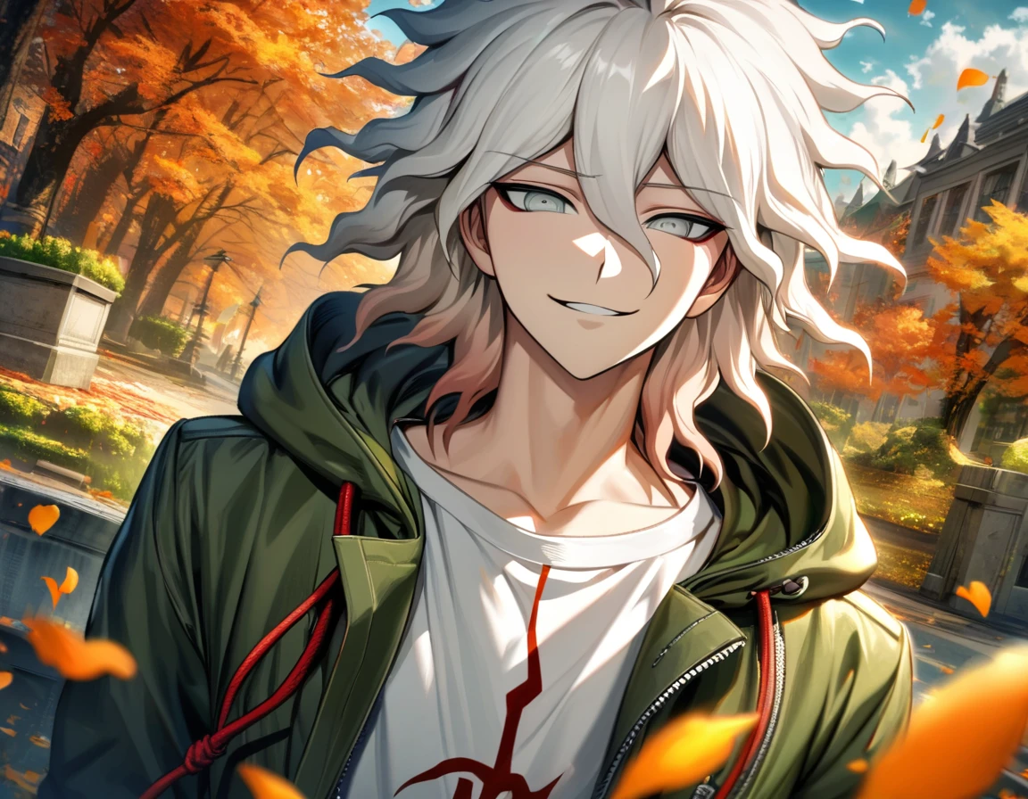 Ultra detailed, Highres, absurdres, HDR, Komaeda Nagito, white hair, silver eyes, green long coat, white tight t-shirt, Danganronpa 2, 1 man only, smirking, petals, flowers, autumn, handsome, orange leaves,