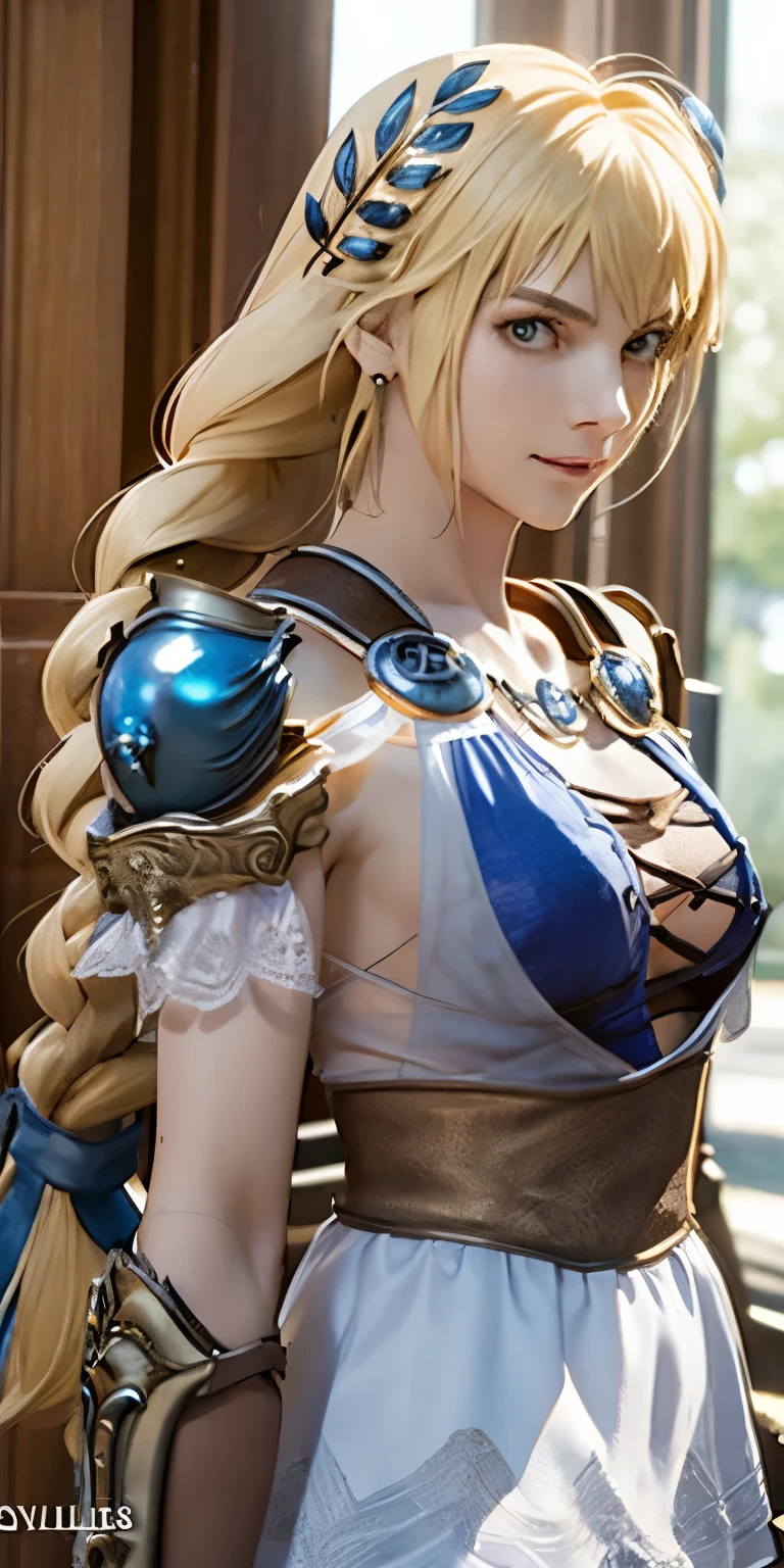 (masterpiece, best quality:1.3), Sophitia Alexandra, Soul Calibur, (upper body:1.5), 24 years old, looking at viewer, gold hair, braid hair,  (evil look:1.5), 