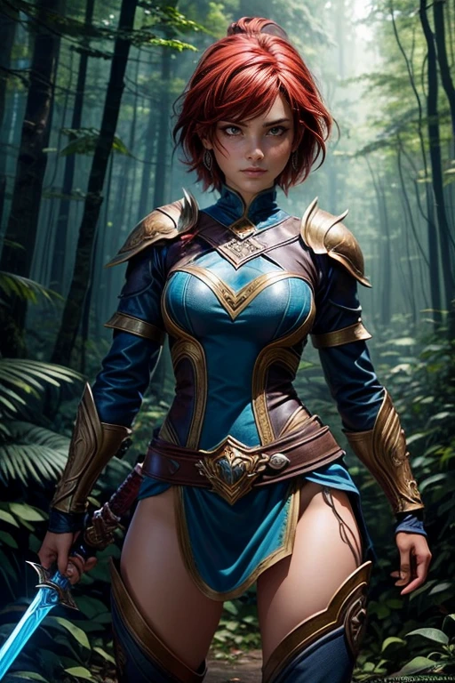 Create an image of a female character in a fantastic adventure setting.. Ella debe ser una guerrera valiente., wearing practical and resistant armor, with a sword drawn in a pose of determination. Your short hair should have a unique and vibrant color., como fuego rojo, And he should have expressive eyes that reflect his determination..

Put her in a magical forest environment., with tall trees and lush foliage everywhere. Make sure the image captures your strength and confidence., sin elementos sensuales. Your focus should be on the portrayal of a fearless and brave heroine...
