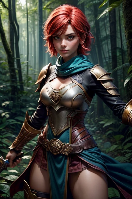 Create an image of a female character in a fantastic adventure setting.. Ella debe ser una guerrera valiente., wearing practical and resistant armor, with a sword drawn in a pose of determination. Your short hair should have a unique and vibrant color., como fuego rojo, And he should have expressive eyes that reflect his determination..
Put her in a magical forest environment., with tall trees and lush foliage everywhere. Make sure the image captures your strength and confidence., sin elementos sensuales. Your focus should be on the portrayal of a fearless and brave heroine...