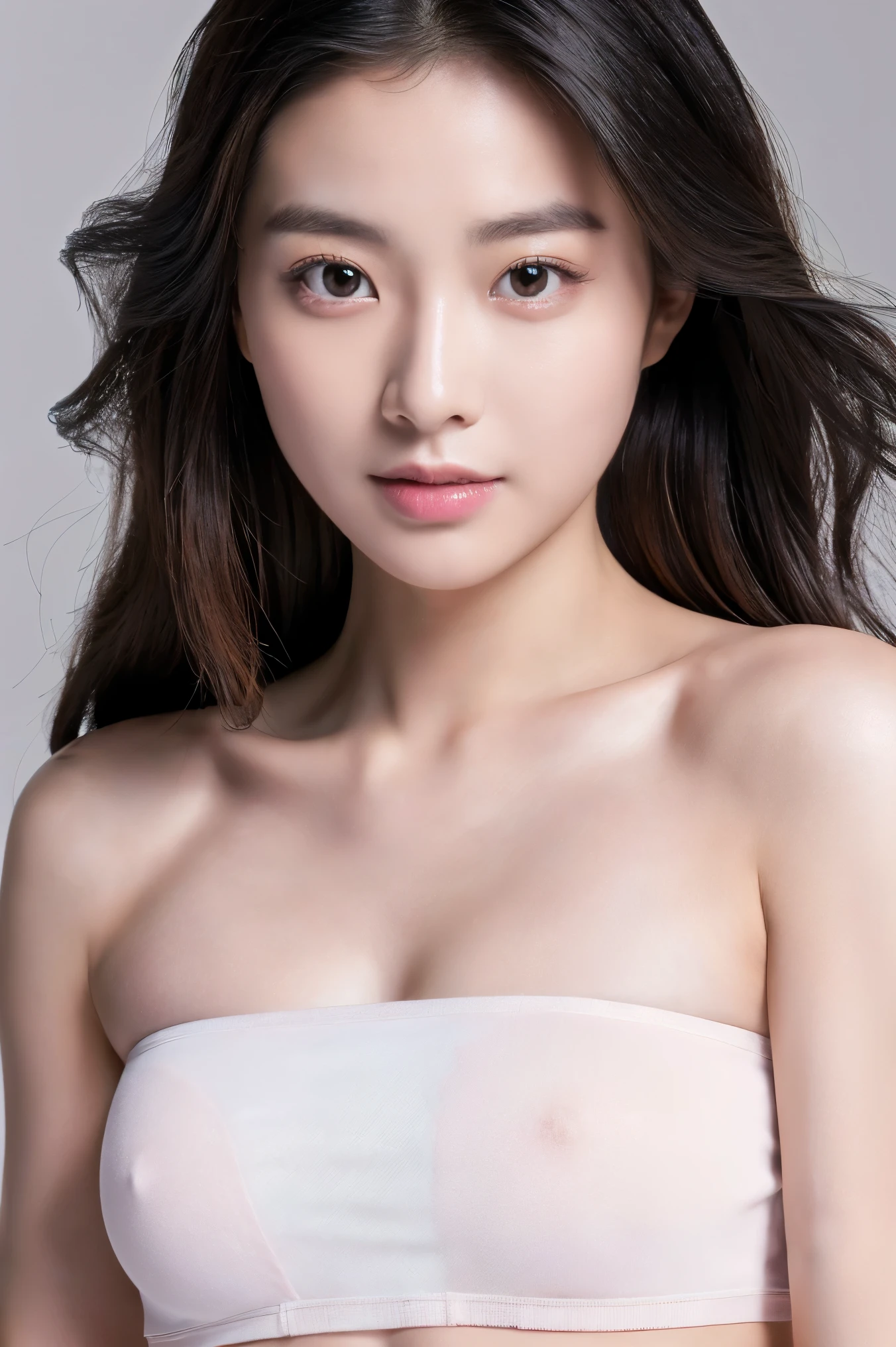 (Best quality:1.4), (ultra high resolution:1.2), (photorealistic:1.4), (8K, raw photo:1.2),(portrait shot:1.3), bmang powder, 1 girl, One, long hair, Black hair, Upper body, White shirt, crop top, navel, NSFW, NAKED, NUDE
