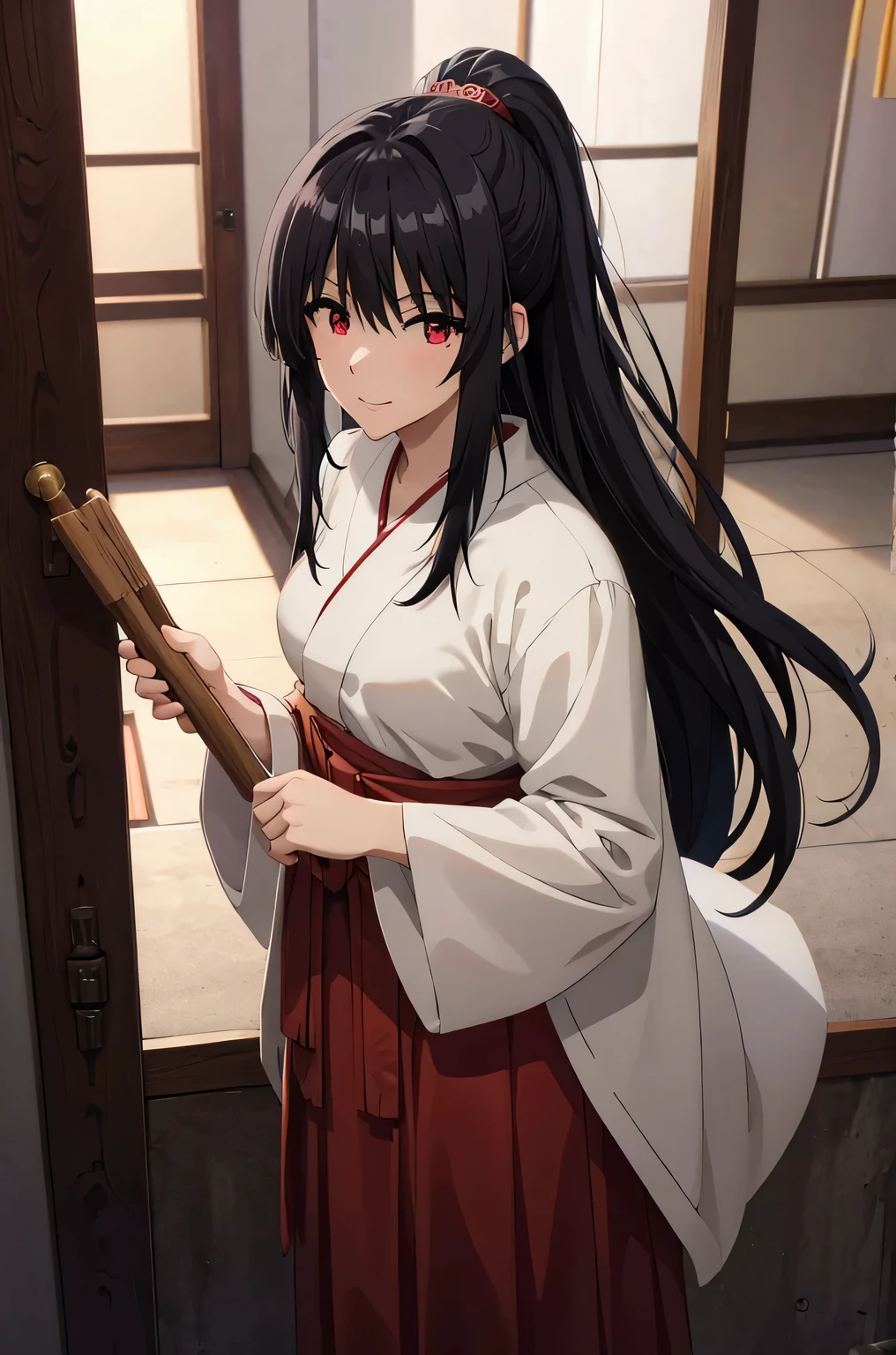 BLACK hair,red eyes in miko clothes cleaning the entrance of the Temple, , long hair, ponytail, white robe, (red hakama;1.45), straw broom, Tsurugaoka Hachimangu Temple, cute, kawaii, beautiful, smile posing, looking at viewer, (masterpiece, best quality:1.5) ,high resolution, extremely detailed, trending on pixiv, masterpiece, cinematic lighting, (anime art style:1.45),