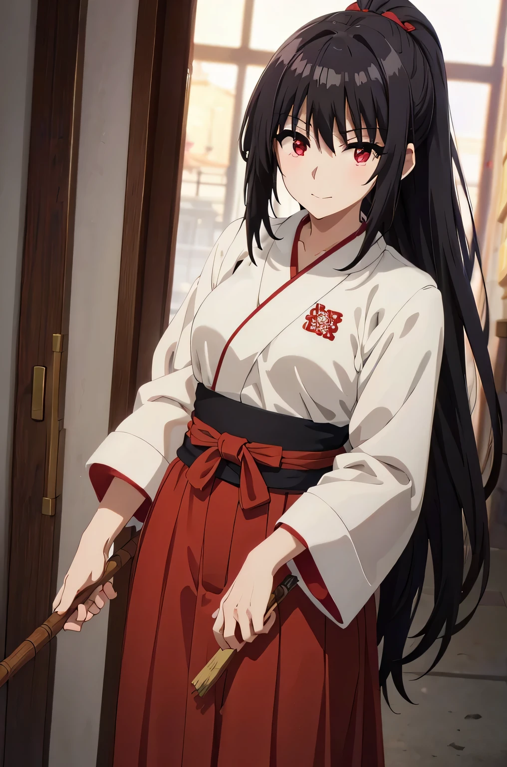 BLACK hair,red eyes in miko clothes cleaning the entrance of the Temple, , long hair, ponytail, white robe, (red hakama;1.45), straw broom, Tsurugaoka Hachimangu Temple, cute, kawaii, beautiful, smile posing, looking at viewer, (masterpiece, best quality:1.5) ,high resolution, extremely detailed, trending on pixiv, masterpiece, cinematic lighting, (anime art style:1.45),