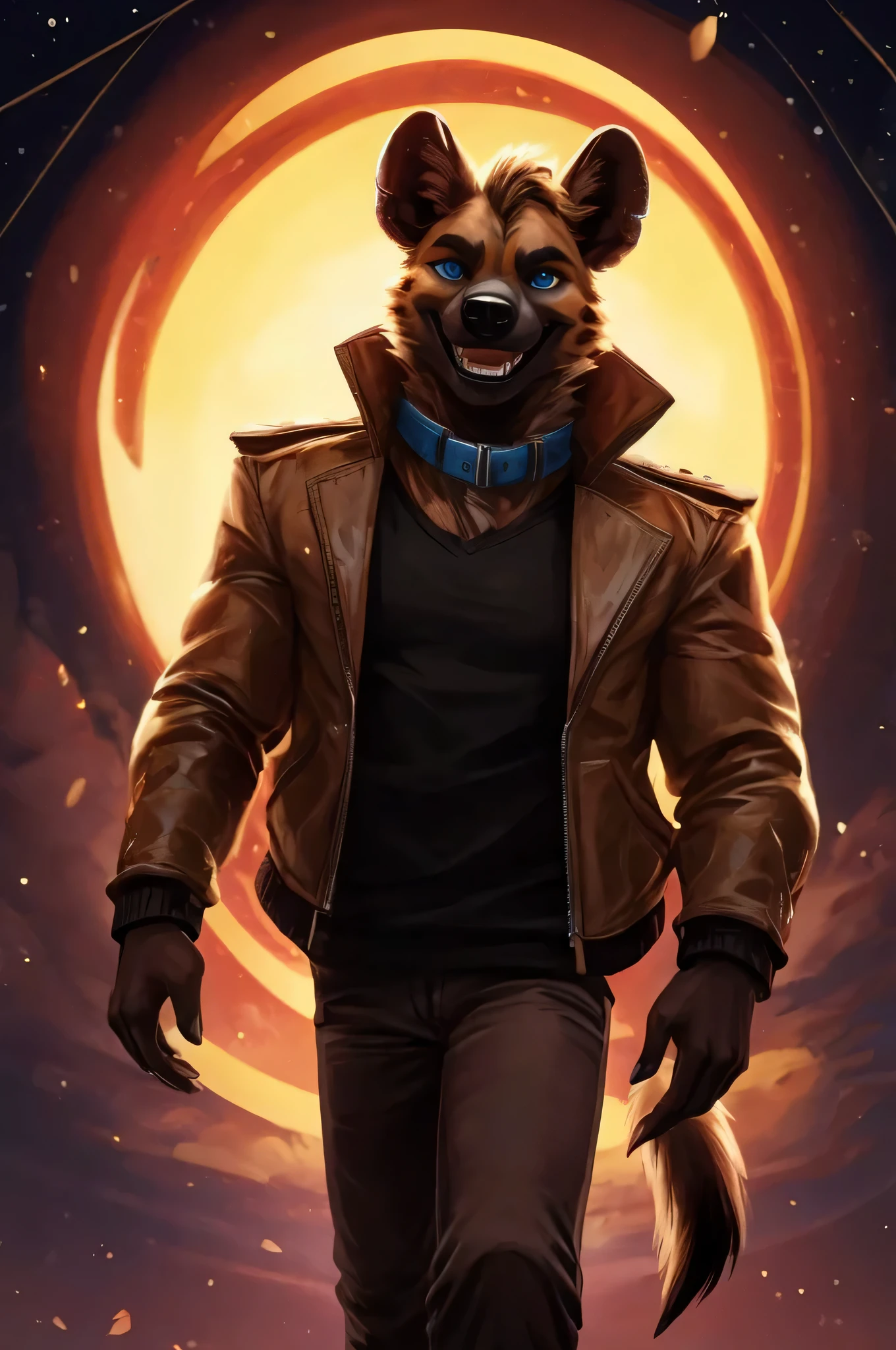 A hyena with a scruffy fringe and blue eyes, dressed in a yellow leather jacket with a blue collar, stands confidently. He has an average build and a big grin on his face, showcasing his warm and friendly personality. The lighting in the scene is warm and creates a cozy atmosphere. The background is filled with vibrant colors, adding liveliness to the image. The hyena wears red high-top Converse sneakers, which adds an element of fashion to his outfit. The image should be in high resolution, with 8k clarity and a semi-realistic style. The composition should capture a low-angle perspective, emphasizing the hyenas confident and charismatic presence.