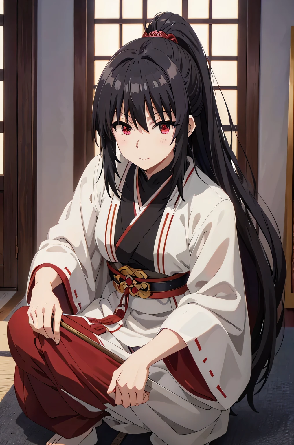 BLACK hair,red eyes in miko clothes cleaning the entrance of the Temple, , long hair, ponytail, white robe, (red hakama;1.45), straw broom, Tsurugaoka Hachimangu Temple, cute, kawaii, beautiful, smile posing, looking at viewer, (masterpiece, best quality:1.5) ,high resolution, extremely detailed, trending on pixiv, masterpiece, cinematic lighting, (anime art style:1.45),