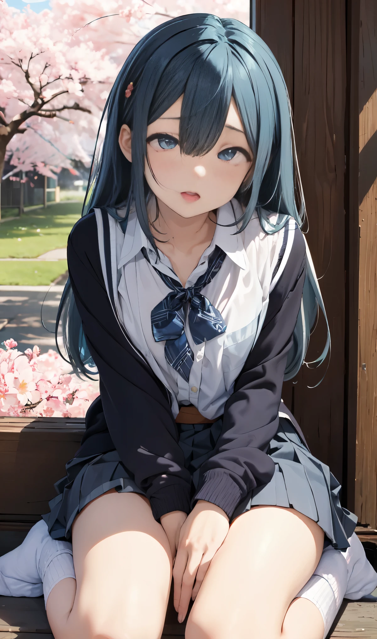  so stupid, cross-eyed、 masterpiece, highest quality, hair clip, heart,hair over one eye、sit、b leaning forward、hair above one eye, asymmetrical bangs,Standing picture、loose socks、cherry blossoms、cherry blossomsの花びら、cherry blossoms舞う、Hatsune Miku、gradient color hair、tie hair、colorful hair、cross-eyed、messy hair、blunt bang cut、pleated skirt、black shirt、striped hair、messy hair、Sloppy、cross-eyed、drunk、( fool / sexual ecstasy)、highest quality, realistic, Super delicate illustration, beautiful and charming anime girl, slender body, tied hair, one girl, girl pictures, full body shot, beautiful blue eyes,