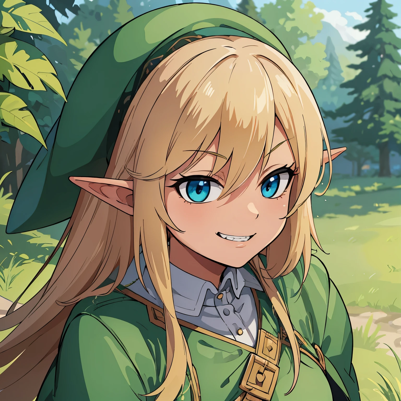 high quality, masterpiece. Elf girl. green hunting cloak. hat. Blue eyes. blonde hair. sly smile. teeth. A cunning face. against the background of sky and forest.