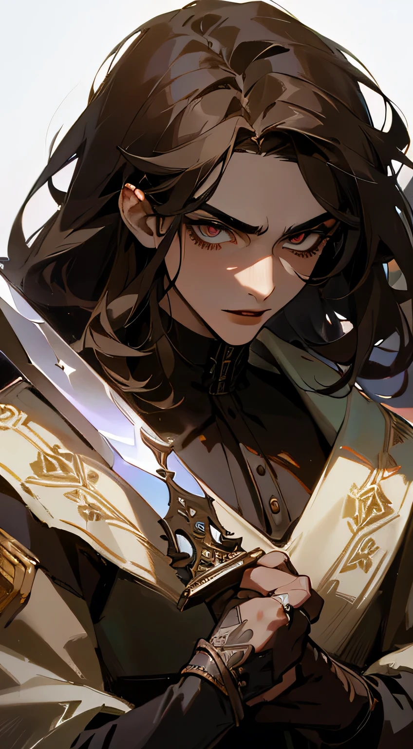 8k, masterpiece, highest quality, best quality, official art, beautiful and aesthetic, extremely detailed, (fractal art: 1.3), colorful, highest detailed, perfect face, upper body, HDR, sexy, wide hips, thicc figure, Detailed face, Detailed eyes, silver eyes, perfect face, perfect eyes, ( 1man, 1 vampire, slim waist, pretty face, handsome face, long brown hair, sharp jawline, he is sexy, he is beautiful, he has black eyeshadow, he has an androgynous, he is tanned, he is athletic, he is wearing victorian clothes, he has a black corset, slim torso, pretty, sharp jawline, victorian gothic clothes, Goth, goth vampire, goth clothes, victorian era setting, holding sword, sword in hand, medieval sword
