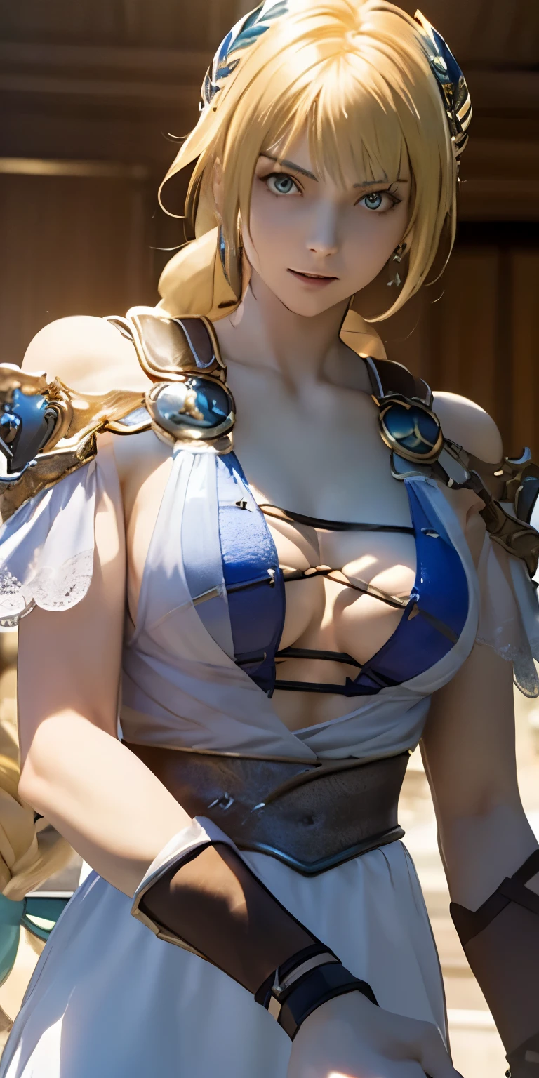 (masterpiece, best quality:1.3), Sophitia Alexandra, Soul Calibur, (upper body:1.5), 24 years old, looking at viewer, gold hair, braid hair,  (evil look:1.5), 