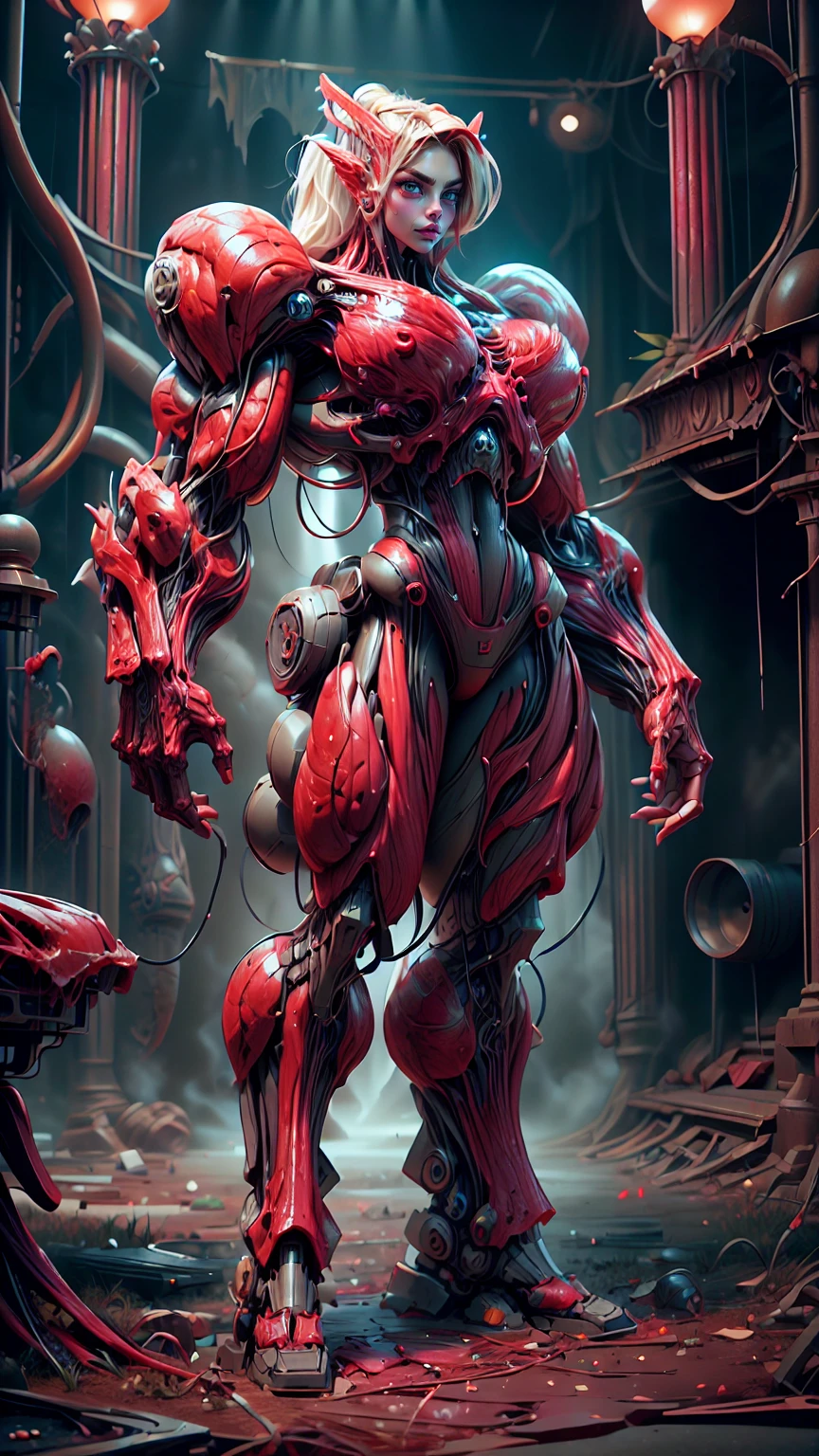 Cinematic, clear facial features and insanely detailed, the image captures the essence of (1 girl), (cara delevingne:1.25), (beautiful girl face:1.25), (muscular succubus demoness), (carnage skinless physique:1.25), (huge gigantic wings & horns:1.25), (undead skinless succubus:1.25), (covered in red necrotic rotting skinless muscle:1.25), (exposed muscular anatomy:1.25), (large demonic claws:1.25). The color grading is beautifully done, enhancing the overall cinematic feel. Unreal Engine makes her appearance even more mesmerizing. With depth of field (DOF), every detail is focused and accentuated, drawing attention to her eyes and hair. Peak image resolution utilizing super-resolution technology ensures pixel perfection. Cinematic lighting enhances her aura, while anti-aliasing techniques like FXAA and TXAA keep the edges smooth and clean. Adding realism to the muscular bio-mecha succubus , RTX technology enables ray tracing. Additionally, SSAO (Screen Space Ambient Occlusion) gives depth and realism to the scene, the girl's presence even more convincing. In the post-processing and post-production stages, tone mapping enhances the colors, creating a captivating visual experience. The integration of CGI (Computer-Generated Imagery) and VFX (Visual Effects brings out her demonic features seamlessly . Incredible level of detail, with intricate elements meticulously crafted, the artwork hyper maximalist and hyper-realistic. Volumetric effects add depth and dimension, with unparalleled photorealism. 8k resolution rendering ensures super detailed visuals. The volumetric lighting adds a touch of magic, highlighting her beauty and aura in an otherworldly way. High Dynamic Range (HDR) tech makes the colors pop, adding richness to the overall composition. Ultimately, this artwork presents an unreal, yet stunningly real portrayal of an incredibly beautiful bio-mecha succubus girl. The sharp focus ensures that every feature is crisply defined, creating a captivating presence.