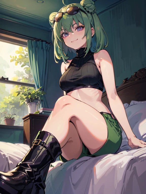 (highres), (best quality), (detailed) 1 girl, alone, medium hair, pastel green hair, twin buns, villain smile, violet eyes, round black sunglasses on head, bedroom, black sleeveless turtleneck top, green shorts, dark brown boots, sitting on bed, crossed legs