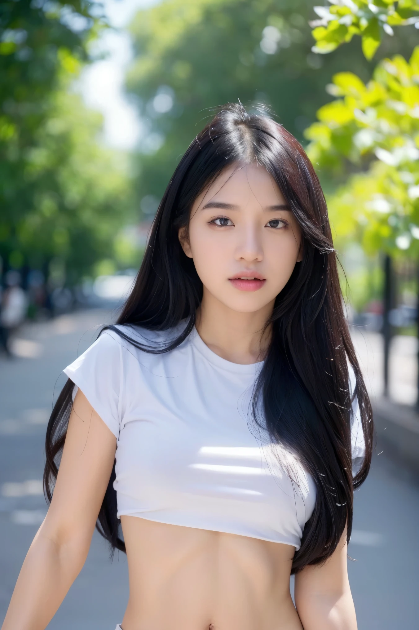 (Best quality:1.4), (ultra high resolution:1.2), (photorealistic:1.4), (8K, raw photo:1.2),(portrait shot:1.3), bmang powder, 1 girl, One, long hair, Black hair, Upper body, White shirt, crop top, navel,  NSFW