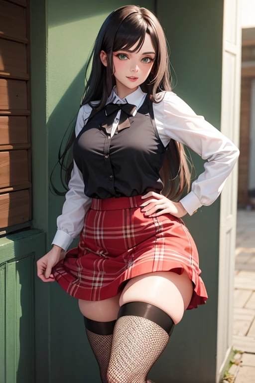 1 sexy MILF, floral skirt, full leg fishnets stockings, long hair brunette, green eyes.